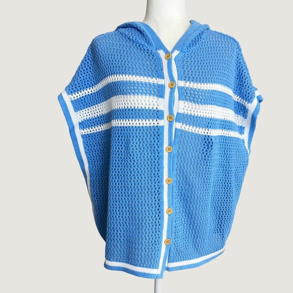 Talbots Sweaters - NEW Talbots Womens Blue White Striped Open Knit Hooded Poncho Sweater ML
